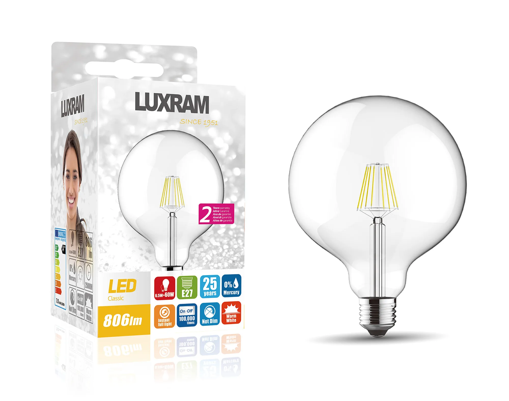 763818143  Value Classic LED Globe 125mm E27 8W 2700K 806lm